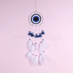 Handmade Woven Net/Web with Feather Wall Hanging Decoration, with Iron Bell and Evil Eye Bead, for Home Decoration, Dark Blue, 470mm(WICH-PW0001-34)