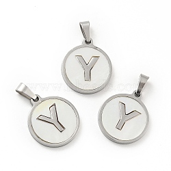 304 Stainless Steel with White Shell Pendants, Stainless Steel Color, Flat Round with Letter Charm, Letter.Y, 18x16x1.5mm, Hole: 3x6mm(STAS-G268-01Y-P)