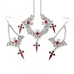 FireBrick Enamel Bat with Cross Pendant Necklace & Dangle Earrings, Halloween Theme Alloy Jewelry Set for Women, Antique Silver, 530mm, 118mm, Pin: 0.6mm(SJEW-G081-03AS)