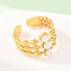 304 Stainless Steel with ABS Plastic Pearl Cuff Open Rings, Ion Plating(IP), Golden, 15mm, Inner Diameter: 18mm(RJEW-Z137-01G)