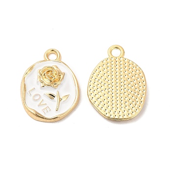 Alloy Enamel Pendants, Cadmium Free & Nickel Free & Lead Free, Golden, Oval with Rose Pattern Charm, White, 21x15.5x2.5mm, Hole: 2mm