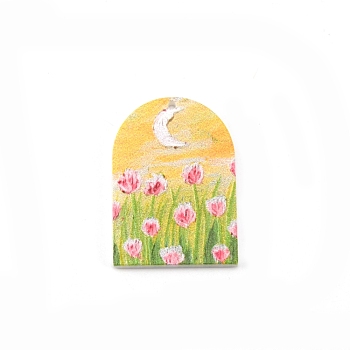 Printed Acrylic Pendants, Arch-shaped with Moon & Tulip, Yellow, 34.5x24x2mm, Hole: 1.2mm