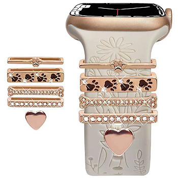5Pcs 5 Style Rectangle Alloy Watch Band Charms Set with Crystal Rhinestone, Watch Band Studs Decorative Ring Loops, Crystal, 2x0.3cm, 1Pc/style
