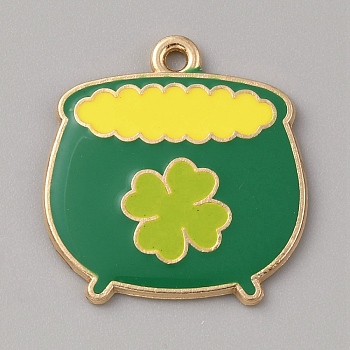 Saint Patrick's Day Alloy Enamel Pendants, Golden, Pot, 24x22.5x1.8mm, Hole: 1.5mm