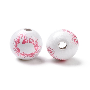 Easter Theme Printed Wood European Beads, Large Hole Beads, Round with Rabbit Pattern, Camellia, 16x14.5mm, Hole: 4mm