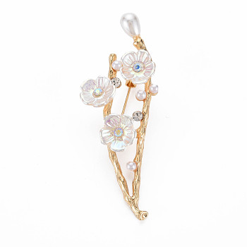 Plum Blossom with Branch Resin Brooch with Imitation Pearl, Crystal Rhinestone Flower Lapel Pin for Backpack Clothes, Nickel Free & Lead Free, Light Gold, 25x62x15mm, Pin: 0.8mm