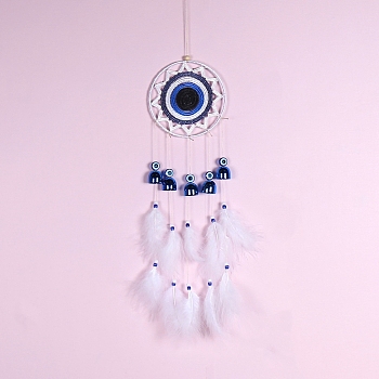 Handmade Woven Net/Web with Feather Wall Hanging Decoration, with Iron Bell and Evil Eye Bead, for Home Decoration, Dark Blue, 470mm