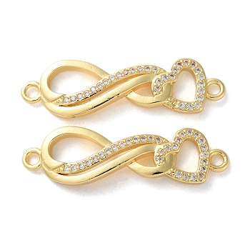 Rack Plating Brass Clear Cubic Zirconia Infinity Heart Connector Charms, Long-Lasting Plated, Lead Free & Cadmium Free, Real 18K Gold Plated, 10x35x3.5mm, Hole: 1.9mm