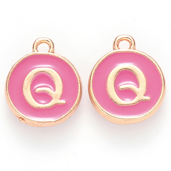 Golden Plated Alloy Enamel Charms, Cadmium Free & Lead Free, Enamelled Sequins, Flat Round with Letter, Camellia, Letter.Q, 14x12x2mm, Hole: 1.5mm