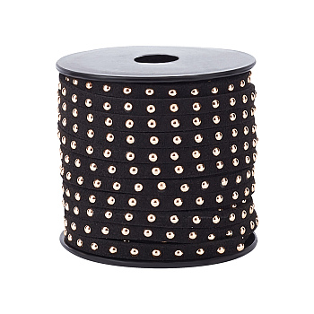 Golden Aluminum Studded Faux Suede Cord, Black, 4x2mm, 20m/roll
