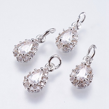Brass Micro Pave Cubic Zirconia Charms, Cadmium Free & Lead Free, teardrop, Real Platinum Plated, 11x6x3.5mm, Hole: 3mm