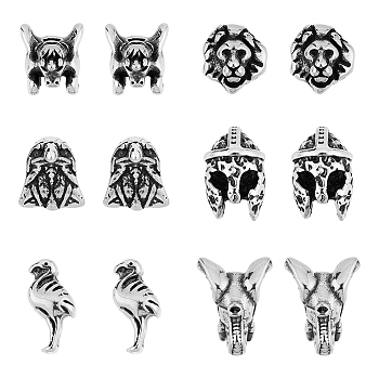 12Pcs 6 Style Ion Plating(IP) 304 Stainless Steel Beads, Elephant/Lion/Gladiator/Flamingo, Antique Silver, 10~16x6.5~12.5x7.5~12mm, Hole: 1.8~2.2mm, 2pcs/style