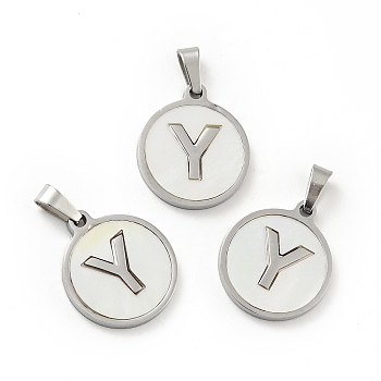 304 Stainless Steel with White Shell Pendants, Stainless Steel Color, Flat Round with Letter Charm, Letter.Y, 18x16x1.5mm, Hole: 3x6mm