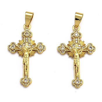 Brass Micro Pave Clear Cubic Zirconia Pendants, Long-Lasting Plated, Cross, Real 18K Gold Plated, 33x19x4.5mm, Hole: 3.5x5.5mm