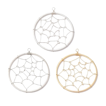 3Pcs 3 Colors Copper Wired Pendants, Flat Round with Spider Web, Mixed Color, 40x35~36x1mm, Hole: 2mm