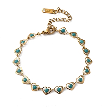 304 Stainless Steel Heart Link Bracelets for Women, Golden, Turquoise, 6-3/4 inch(17.3cm)