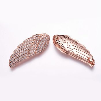 Brass Micro Pave Cubic Zirconia Links, Wing, Rose Gold, 38x14x4mm, Hole: 2x3mm