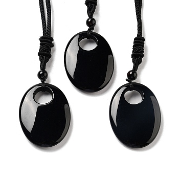 Natural Obsidian Pendant Necklace with Nylon Cord for Women, Oval, 27.76~27.95 inch(70.5~71cm)