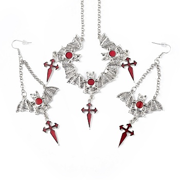 FireBrick Enamel Bat with Cross Pendant Necklace & Dangle Earrings, Halloween Theme Alloy Jewelry Set for Women, Antique Silver, 530mm, 118mm, Pin: 0.6mm