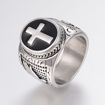 304 Stainless Steel Finger Rings, with Enamel, Wide Band Rings, Cross, Antique Silver, Size 10, 20mm