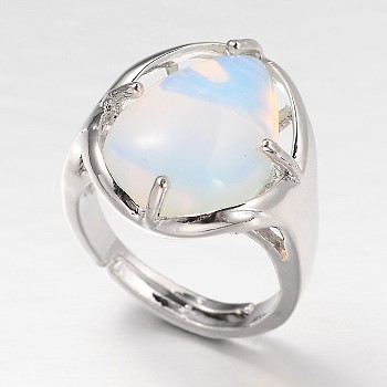Teardrop Platinum Tone Brass Opalite Adjustable Wide Band Rings, 18mm, Tray: 20x17mm