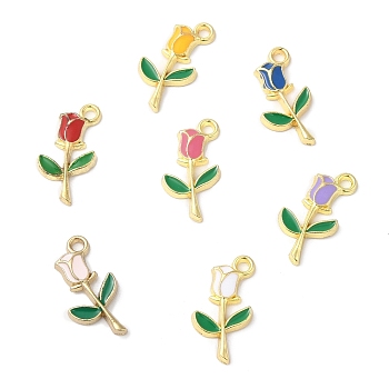 Eco-friendly Alloy Enamel Pendants, Rose Flower Charm, for Valentine's Day, Mixed Color, 18x9x2mm, Hole: 1.6mm