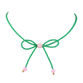 Glass Seed Pendant Necklaces for Women, Bowknot, Lime Green, 15.94 inch(40.5cm)