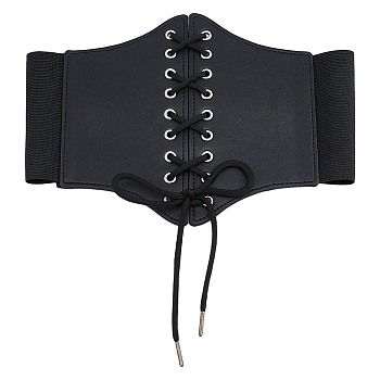 Imitation Leather Wide Elastic Chain Belt, Lace-up Waist Belt, Vintage Court Girdle Belt for Shirt Dress Overcoat, Black, 7-5/8 inch(19.5cm)