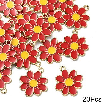 20Pcs Eco-Friendly Alloy Enamel Pendants, Cadmium Free & Lead Free & Nickel Free, Flower, Light Gold, FireBrick, 23x20.5x1.2mm, Hole: 2mm