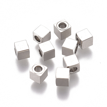 304 Stainless Steel Beads, Cube, Stainless Steel Color, 3x3x3mm, Hole: 1.6mm