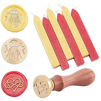 CRASPIRE DIY Wax Seal Stamp Kits, Including Sealing Wax Sticks, Brass Wax Seal Stamp and Wood Handle, Mixed Color, 2.5x1.4~14.5cm