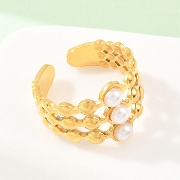 304 Stainless Steel with ABS Plastic Pearl Cuff Open Rings, Ion Plating(IP), Golden, 15mm, Inner Diameter: 18mm