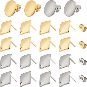 Unicraftale 40Pcs 4 Style 304 Stainless Steel Stud Earring Findings, with Loop and Flat Plate, Ear Nuts/Earring Backs, Flat Round & Rhombus, Golden & Stainless Steel Color, 13.5x13.5x2, 13.5x13.5x2mm, Hole: 1.5mm, Pin: 0.8mm, 10pcs/style