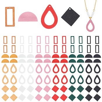 Elite DIY Jewelry Making Finding Kit, Including 144Pcs 24 Styles Wood Dyed Teardrop & Rhombus & Rectangle Pendants and Half Round Beads, Mixed Color, 14.5~37x25~29.5x2.5~4mm, Hole: 1.8mm, 6Pcs/style