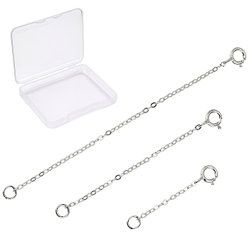 SUNNYCLUE 3Pcs 3 Style Rhodium Plated 925 Sterling Silver Chain Extender, with Clasps & Curb Chains, Platinum, 32~78mm, Links: 2x1.5x0.1mm, Clasps: 8x5.5x1mm, Ring: 3x0.6mm, Hole: 2mm, 1pc/style