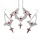 FireBrick Enamel Bat with Cross Pendant Necklace & Dangle Earrings(SJEW-G081-03AS)-1