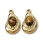 Natural Tiger Eye Pendants, 303 Stainless Steel Teardrop Bezeled Charms, Ion Plating(IP), Golden, 22.5x13x4.5mm, Hole: 1.6mm(GG-CBA1E47-11G)