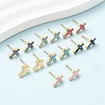 Brass Enamel Cross Stud Earrings, with Shell and Sterling Silver Pins, Long-Lasting Plated, Cadmium Free & Nickel Free & Lead Free, Real 18K Gold Plated, 10x7mm(EJEW-I322-03G)