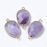 Natural Amethyst Links Connectors, with Light Gold Plated Edge Brass Loops, Oval, Faceted, 30.5~31.5x17.5x5~6mm, Hole: 2mm(G-R472-01A)
