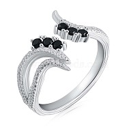 Rhodium Plated 925 Sterling Silver Phoenix Open Cuff Ring Cubic Zirconia for Women, Black, US Size 6 1/2(16.9mm)(JR889B)