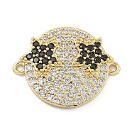 Rack Plating Brass Micro Pave Clear Cubic Zirconia Flat Round Connector Charms, Funny Star Face Links, Real 18K Gold Plated, Long-Lasting Plated, Black, 18x22x3mm, Hole: 1.2mm(KK-A234-040G-02)