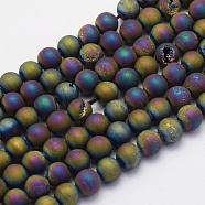Electroplate Natural Druzy Agate Beads Strands, Round, Frosted, Multi-color Plated, 8mm, Hole: 1mm, about 45~48pcs/strand, 14.9 inch(38cm)(G-G708-8mm-07)