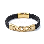 Men's Braided Black PU Leather Cord Bracelets, Knot 304 Stainless Steel Link Bracelets with Magnetic Clasps, Golden, 8-3/8x1/2 inch(21.2x1.4cm)(BJEW-K243-50G)