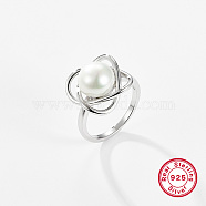 Rhodium Plated  925 Sterling Silver Finger Rings, with Pearl, Platinum, US Size 5(15.7mm)(AX5136-4)