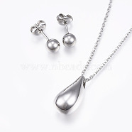 304 Stainless Steel Jewelry Sets, Pendant Necklaces and Ball Stud Earrings, teardrop, Stainless Steel Color, 18.11 inch(46cm), 16mm, Pin: 1mm(SJEW-H059-04P)