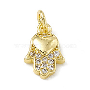 Brass Micro Pave Cubic Zirconia Charm, with Jump Rings, Hamsa Hand with Heart Charm, Real 18K Gold Plated, 12x8x2.5mm, Hole: 2.7mm(ZIRC-F132-87G)