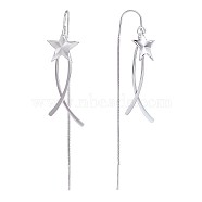 Rhodium Plated 925 Sterling Silver Star with Chain Tassel Dangle Earrings, Long Drop Ear Thread for Women, Platinum, 75x14.5mm, Pin: 0.8mm(JE1043A)