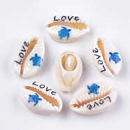 Printed Natural Cowrie Shell Beads, No Hole/Undrilled, Sea Turtle & Love, Dodger Blue, 18~23x11~14x6.5~8mm(X-SHEL-S276-11B)