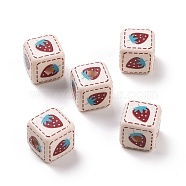 Opaque Printed Acrylic Beads, Cube with Strawberry Pattern, Dark Turquoise, 13.5x13.5x13.5mm, Hole: 3.8mm(MACR-C007-01H)