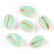 Natural Cowrie Shell Beads, with Enamel, No Hole/Undrilled, Aquamarine, 20~26x13~18x5~7mm(X-SHEL-S274-04H)